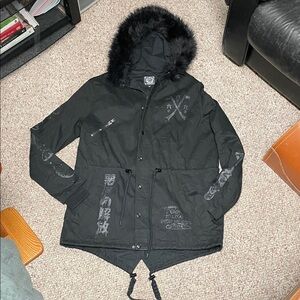 Killerstar unisex Black faux fur trimmed Hooded Jacket with toggle waist - new